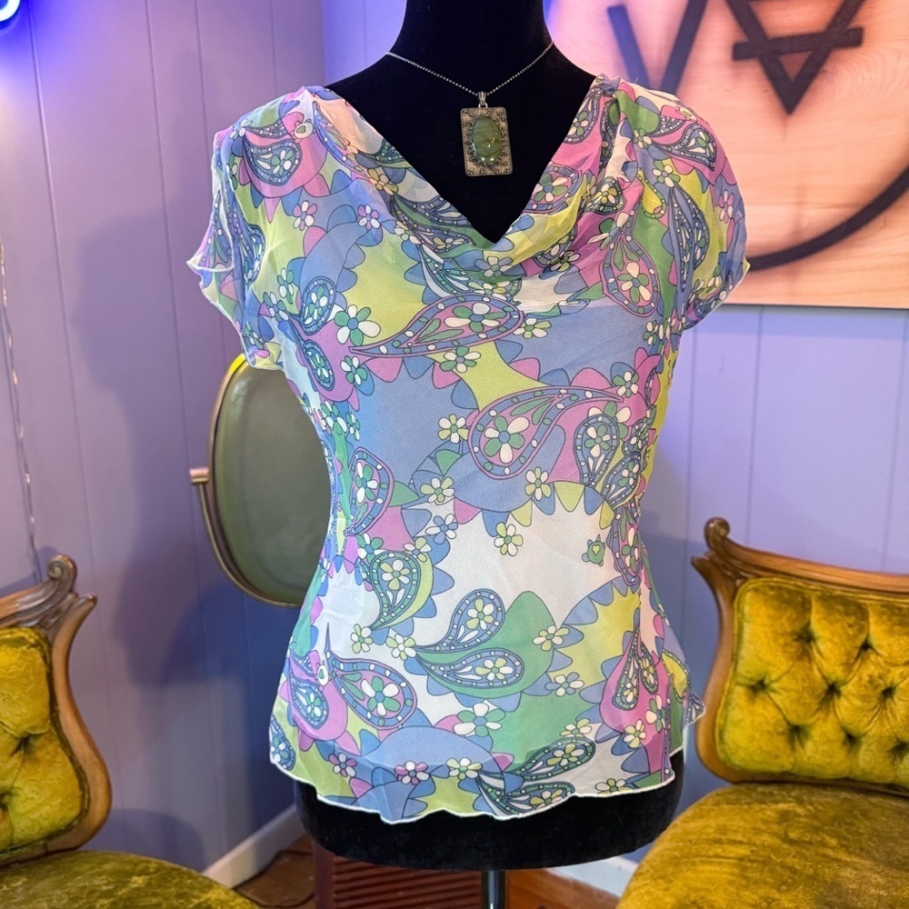 Vintage 90s/Y2k Rafaella Silk Paisley Floral Sheer Top